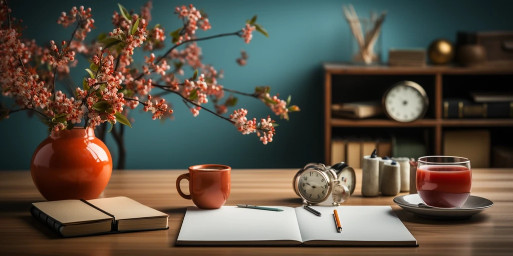 a coffee cup and a book on a table