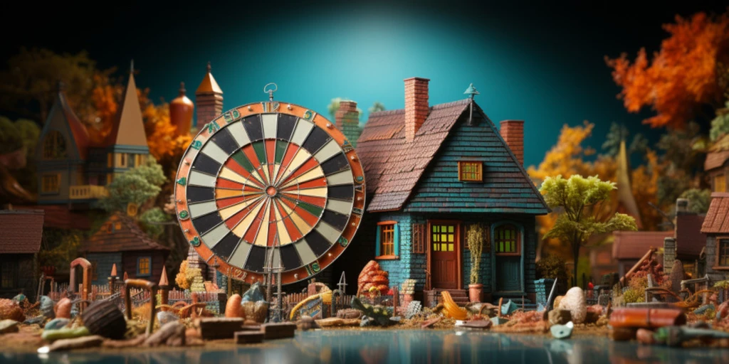 a model house with a dart board in front of it