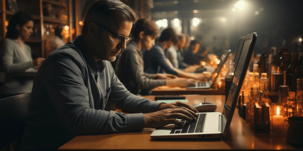 a group of people working on laptops