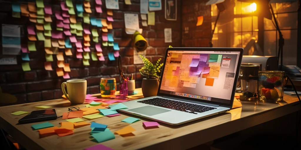 a laptop on a table with persony sticky notes on it
