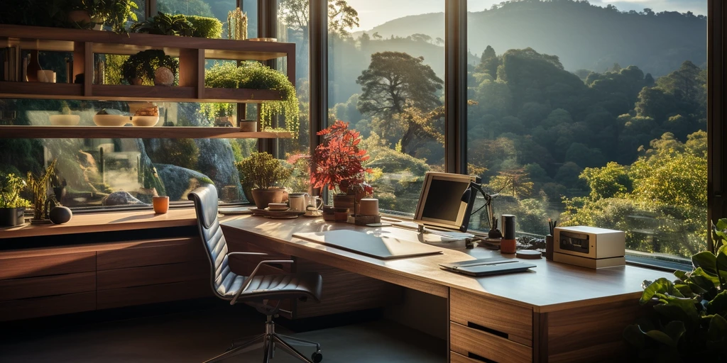 a desk with a computer and a chair in front of a window