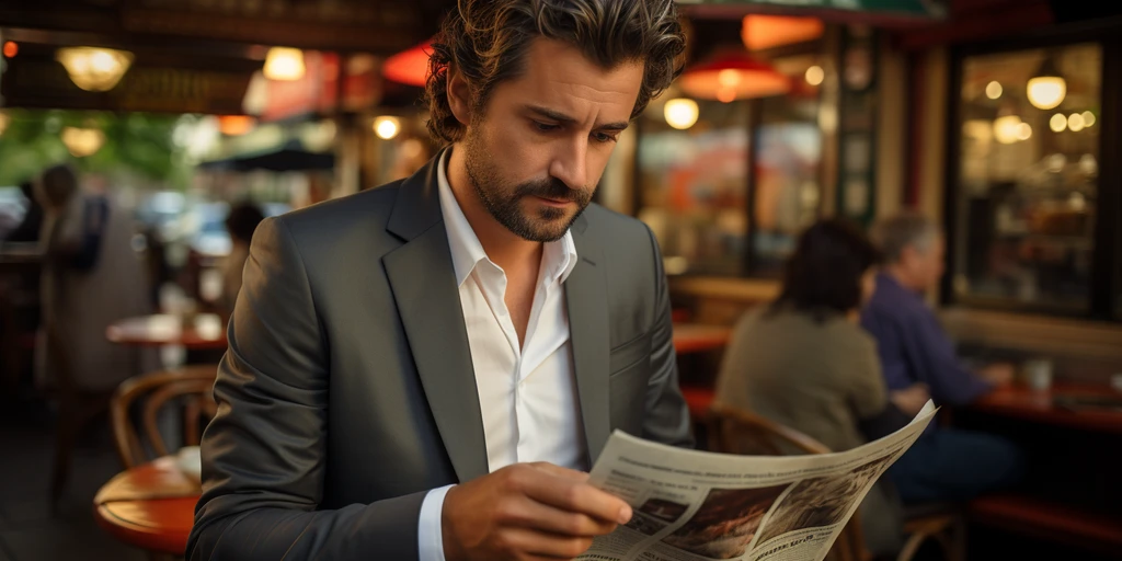 a person in a suit reading a newspaper