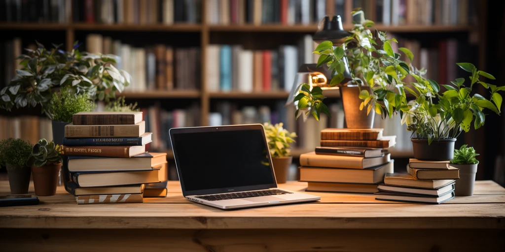 a laptop on a table with books and a plant