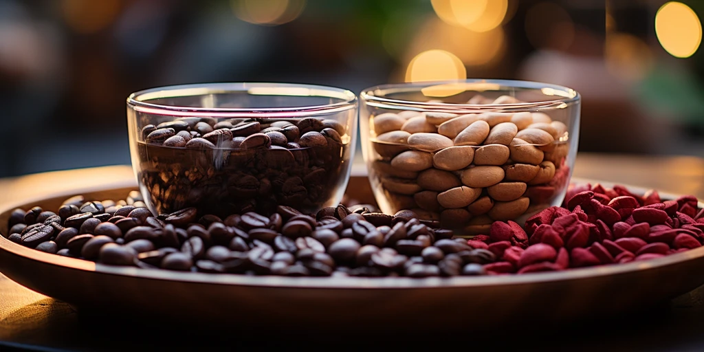 a bowl of coffee beans and beans on a plate