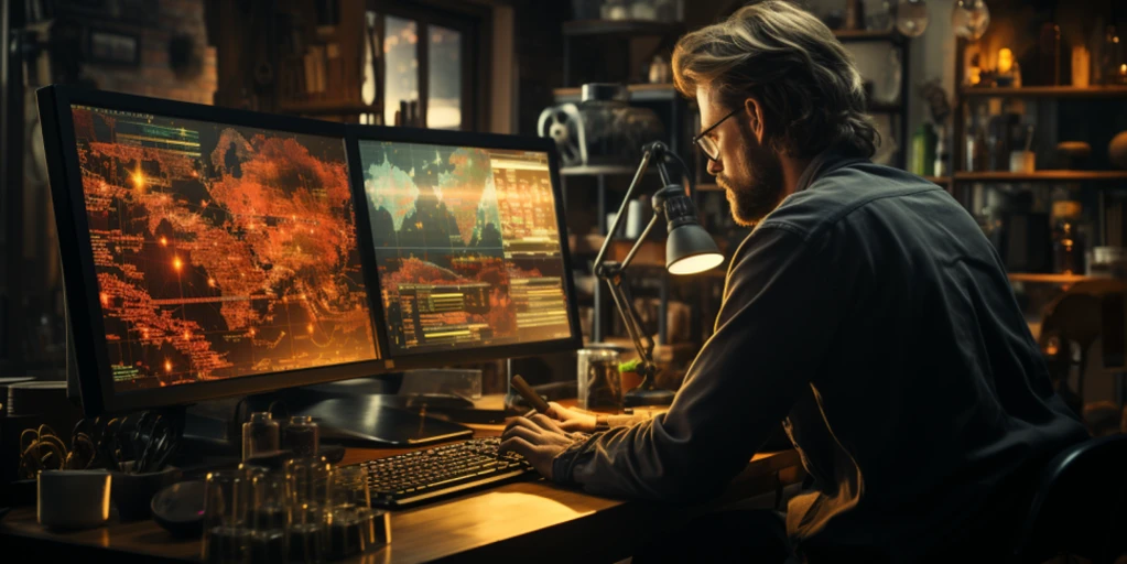 a person sitting at a desk with two computer screens