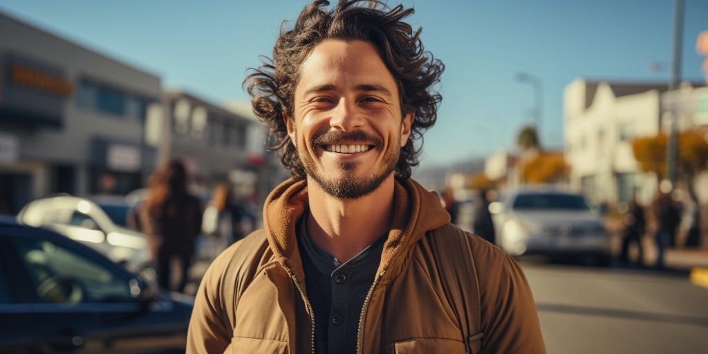 a person smiling with wind blowing hair
