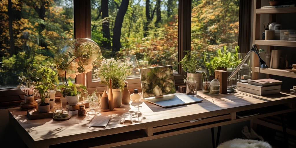 a desk with a laptop and plants on it