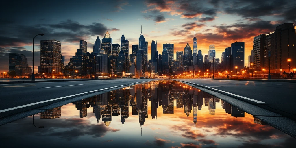 a city skyline with a reflection of a road and a sunset