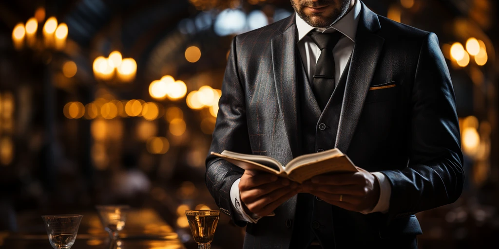 a person in a suit reading a book