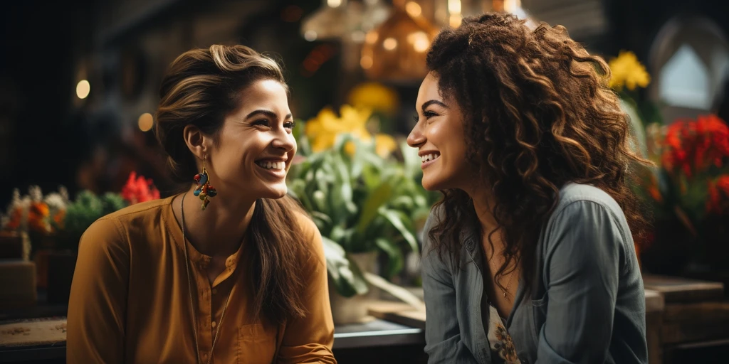 a group of women smiling at each other