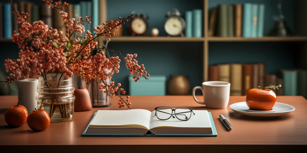 a book on a table with a cup and a pen and a vase of flowers