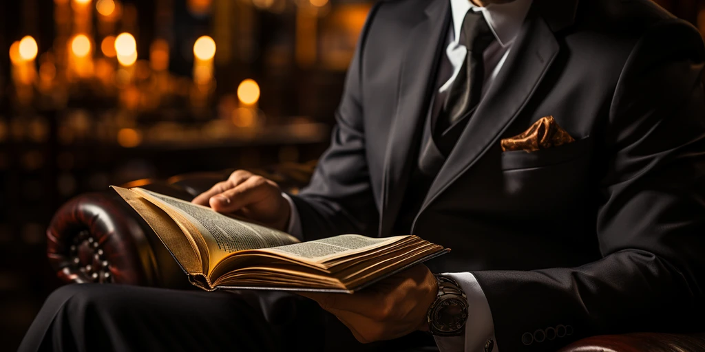 a person in a suit holding a book