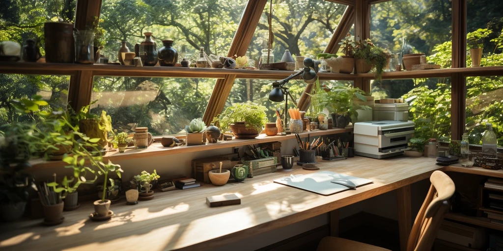 a desk with plants on it