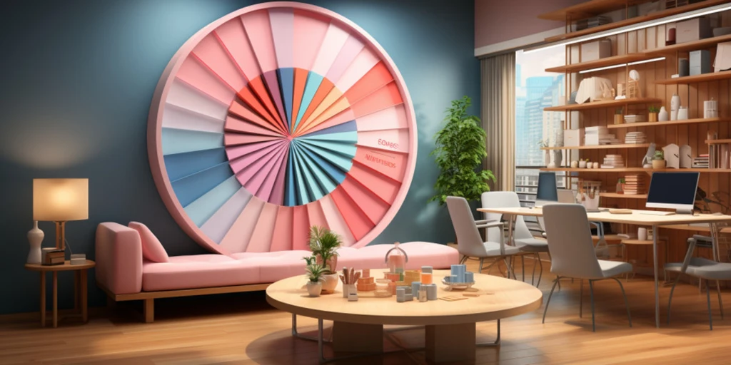 a room with a circular wall with a table and chairs