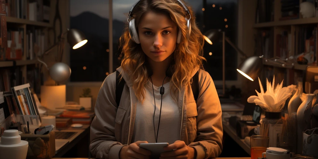 a person wearing headphones and holding a phone