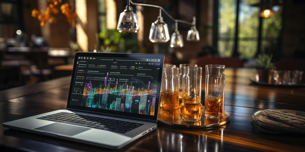 a laptop on a table with several glasses of liquid