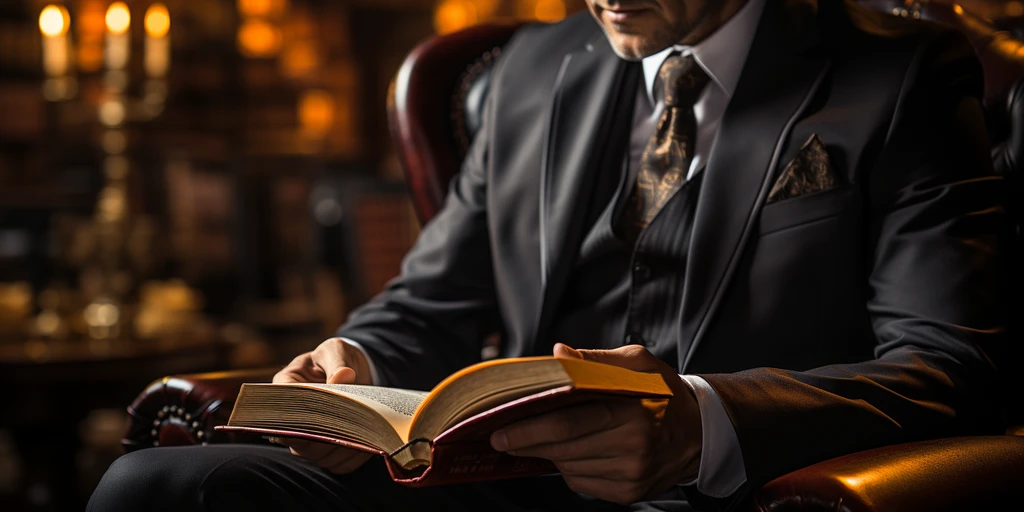 a person in a suit and tie reading a book