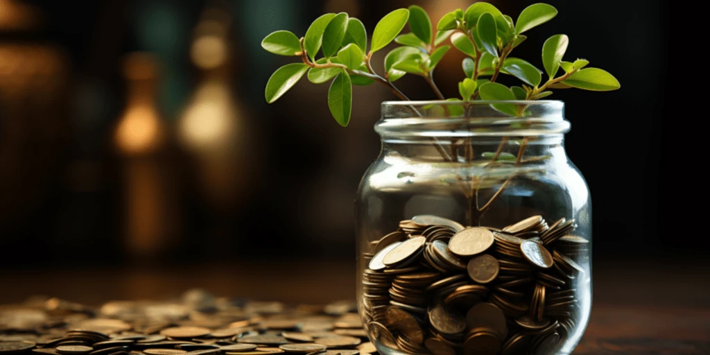 a jar full of coins and a plant