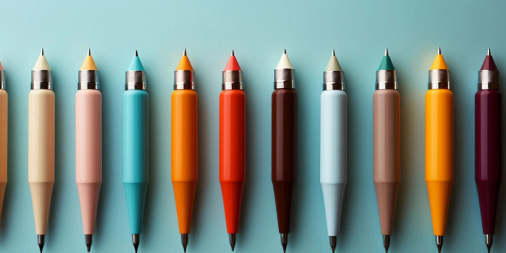 a row of pens with different colors