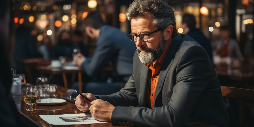 a person sitting at a table looking at a cell phone