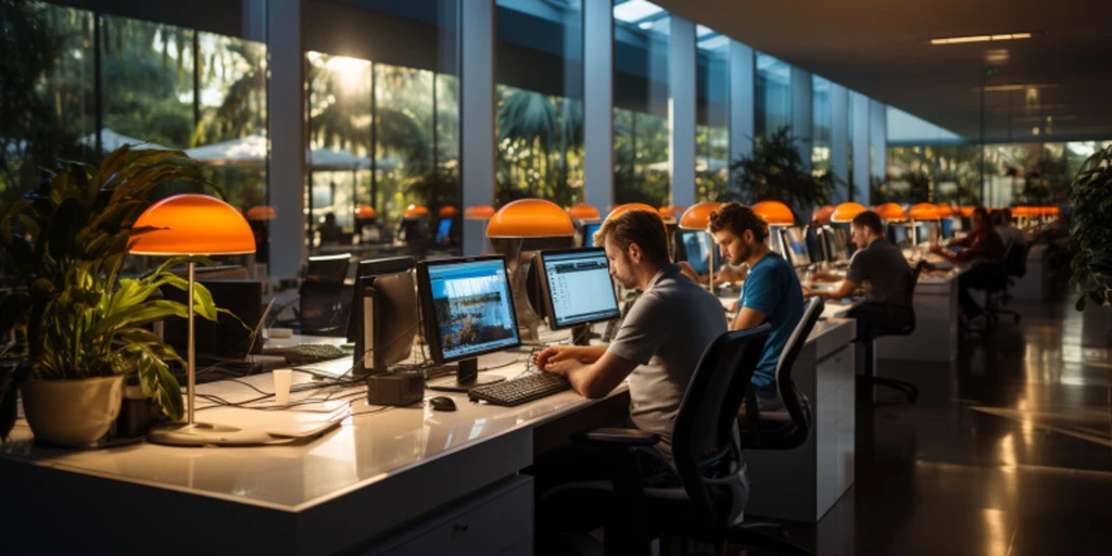 a group of people working on computers