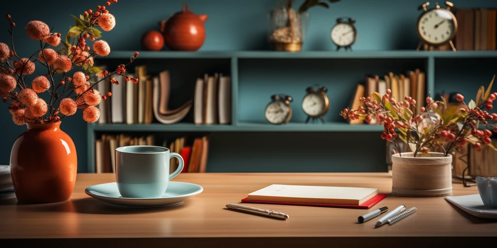 a cup of coffee on a table with a notebook and pen