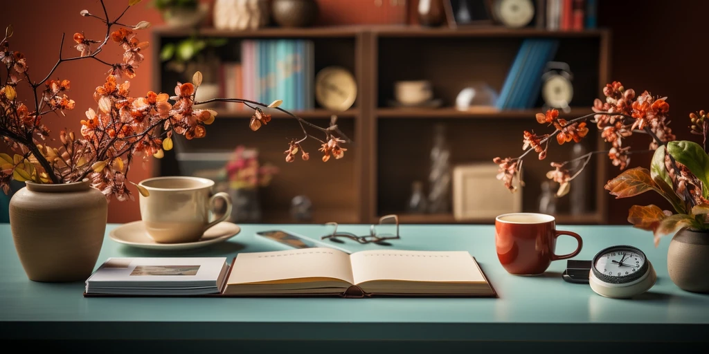 a book and cup on a table