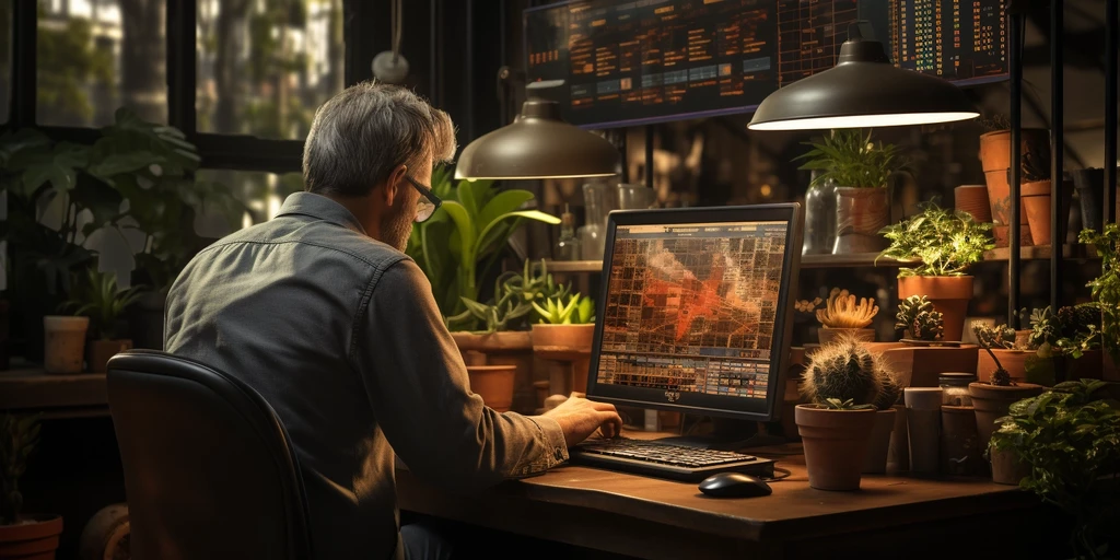 a person sitting at a desk with a computer