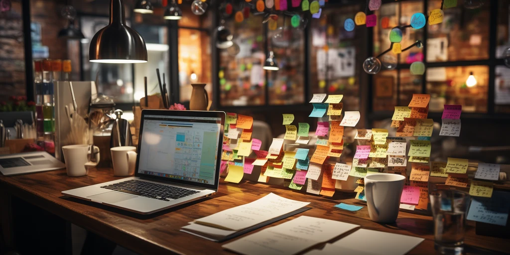 a laptop on a desk with persony sticky notes on it