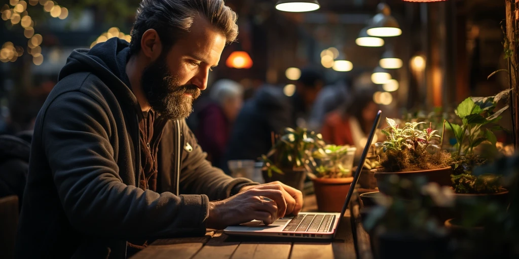 a person sitting at a table with a laptop