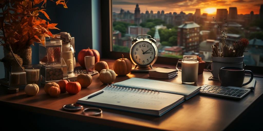 a table with a clock and fruits on it