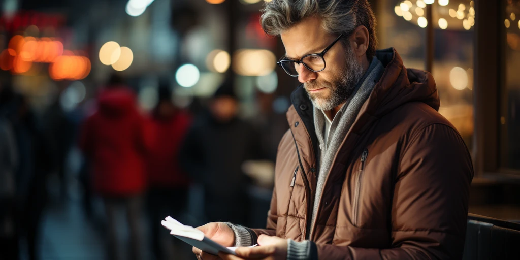 a person wearing glasses and a coat looking at a book