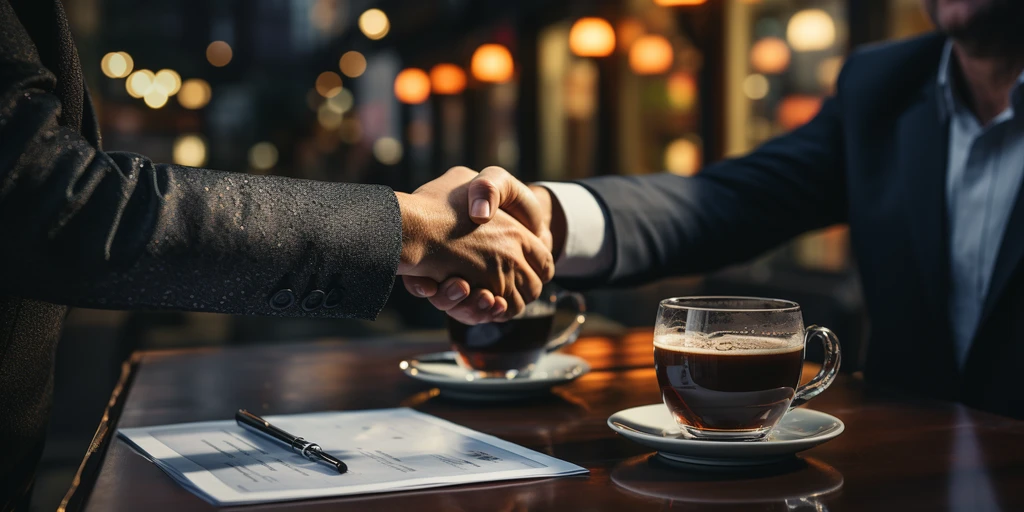 a handshake between two cups of coffee