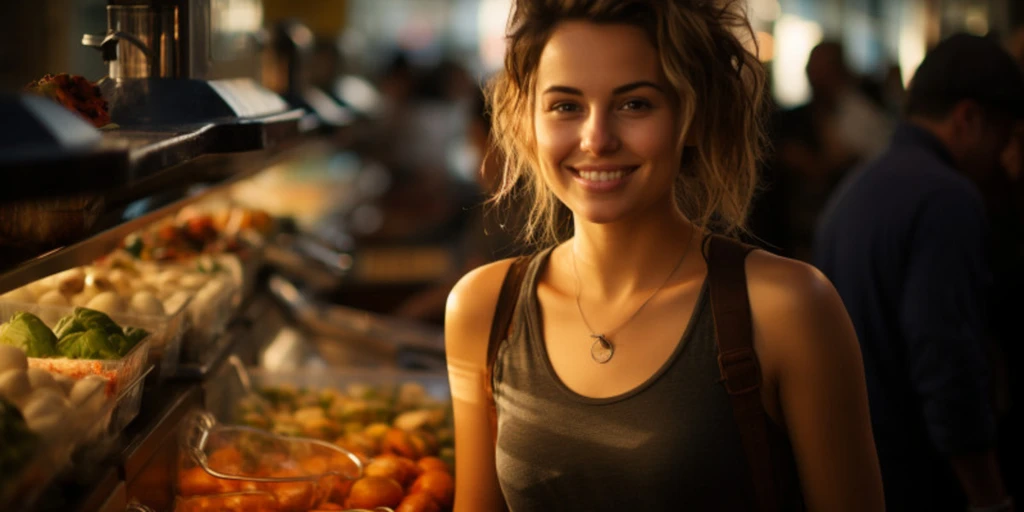 a person standing in front of a display of fruits