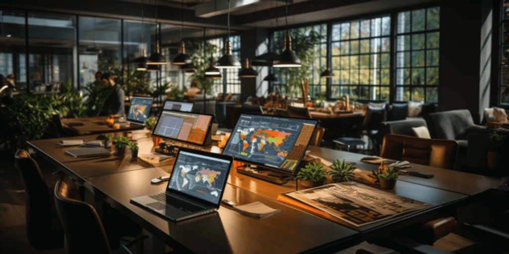 a desk with computers and a map on it