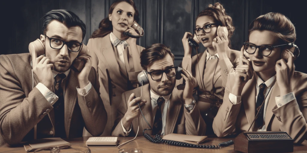 a group of people wearing suits and talking on phones