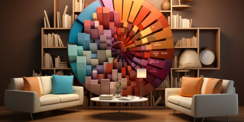 a room with a colorful wheel