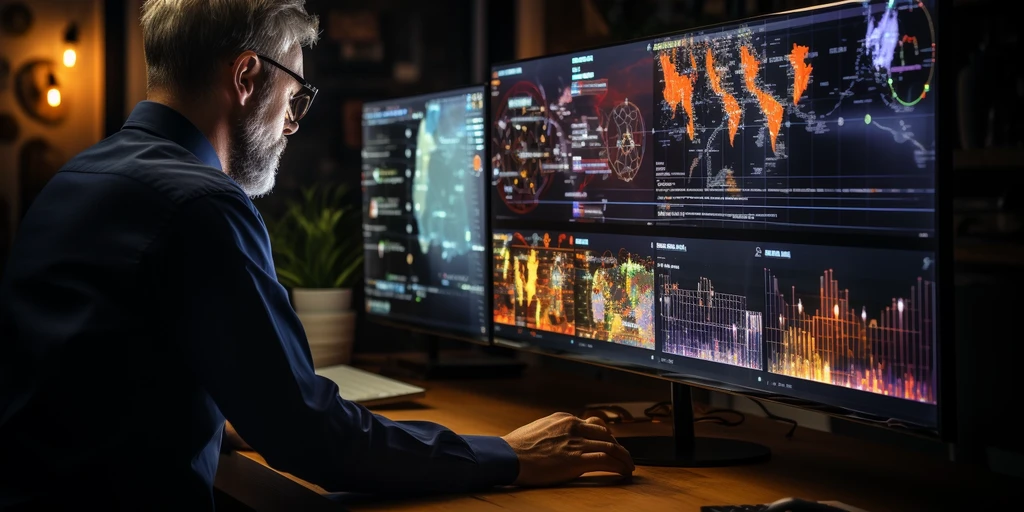 a person sitting at a desk looking at multiple computer screens