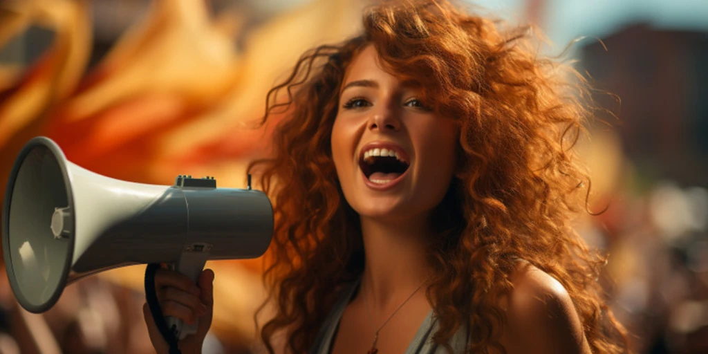 a person with red hair holding a megaphone