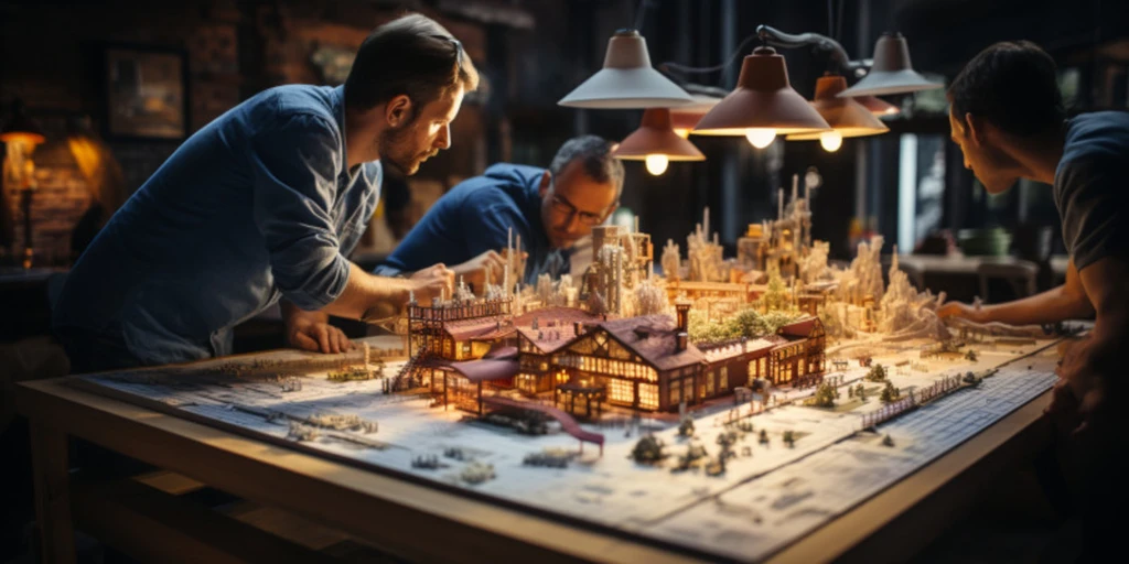 a group of men looking at a model of a city
