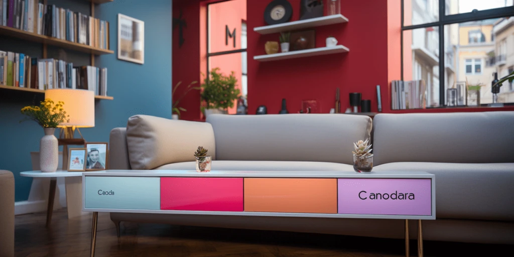 a couch with colorful boxes on it
