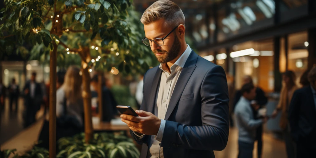 a person in a suit looking at a phone