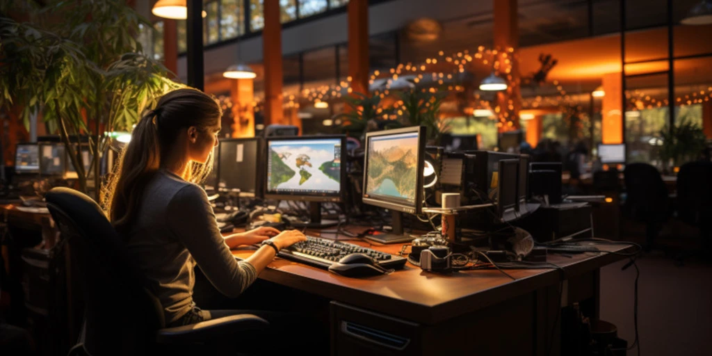 a person sitting at a desk with computers