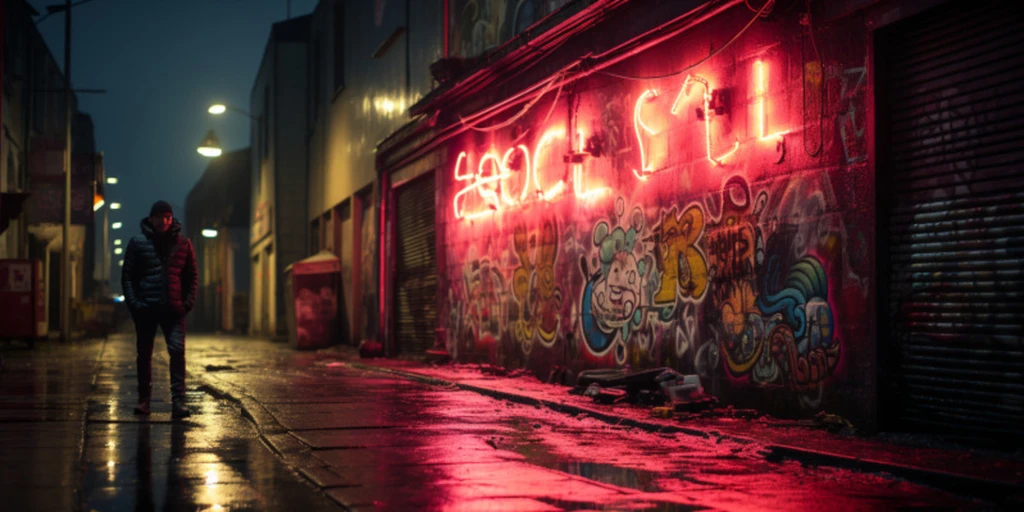 a street with graffiti on the side of a building