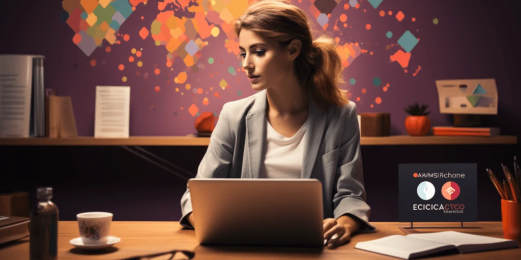 a person sitting at a desk looking at a laptop