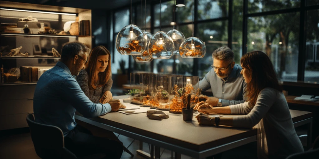 a group of people sitting at a table looking at a plant