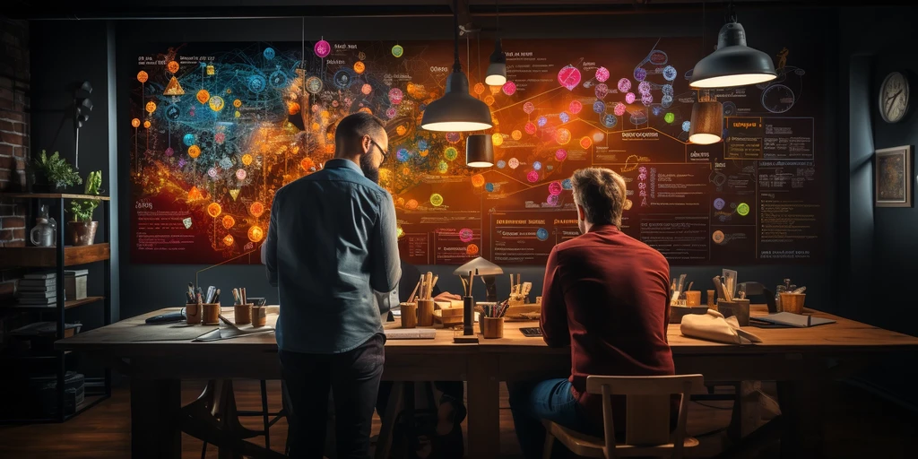 a group of men sitting at a table looking at a large screen