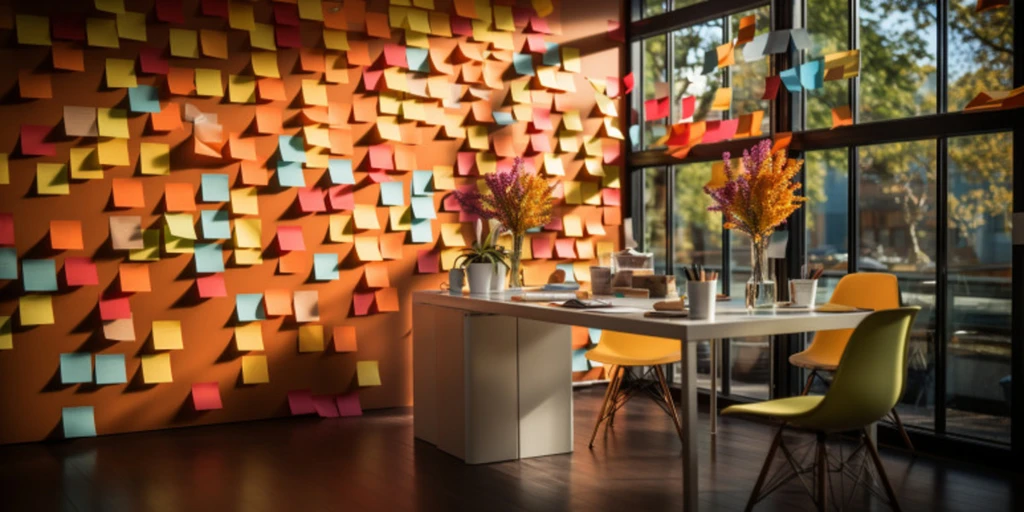 a room with a table and chairs and a wall of post-it notes