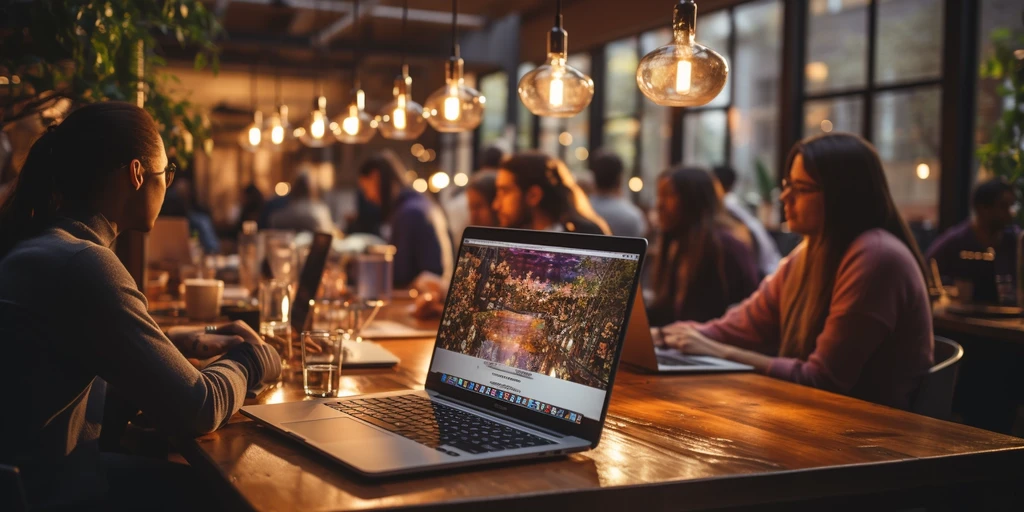 a laptop on a table with people in the background