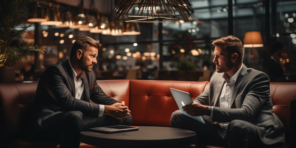 two men sitting on a couch